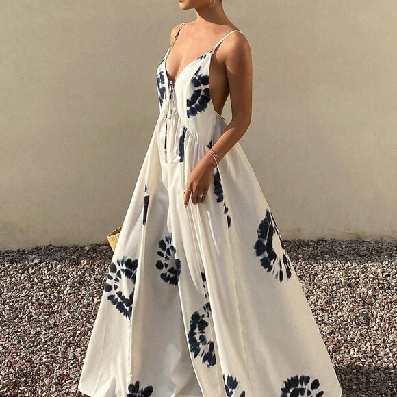 Beige Boho Women's Full Floral Print Spaghetti Strap Dress - Picture 3 of 7